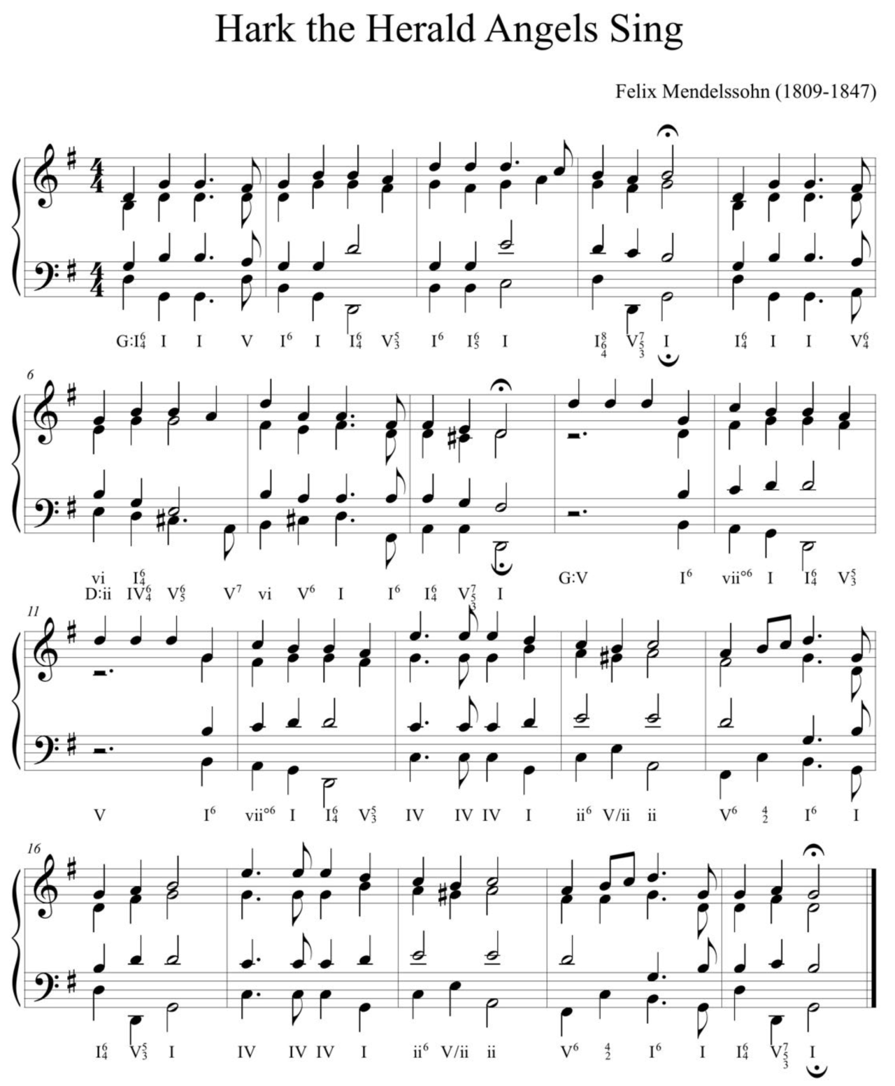 Annotated Hark the Herald Angels Sing score showing G sharp leading note resolving in a secondary dominant progression